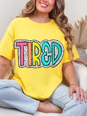 Gildan Yellow Tee with Colorful "TIRED" Graphic